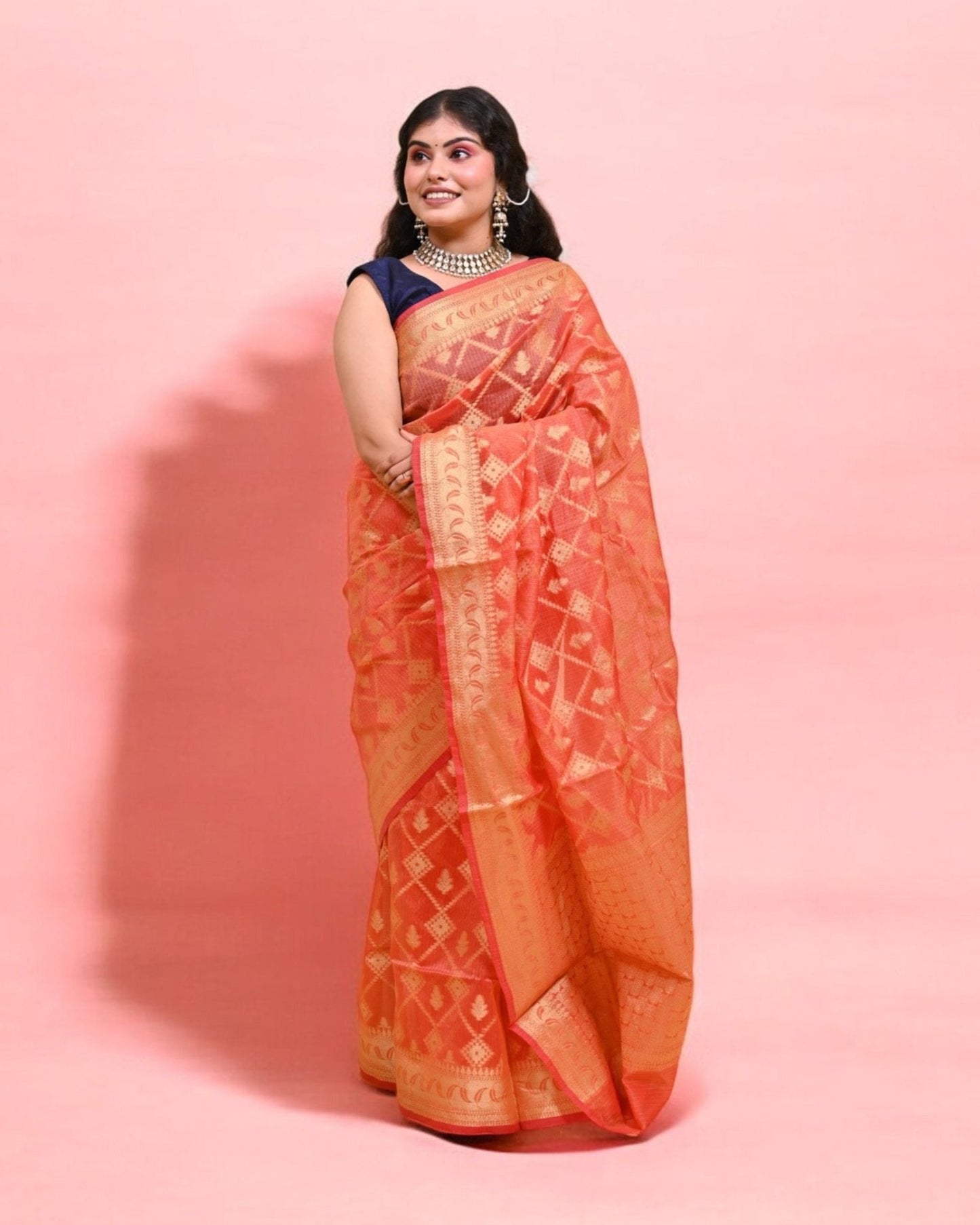 Orange Banarasi Silk Saree with Gold Zari