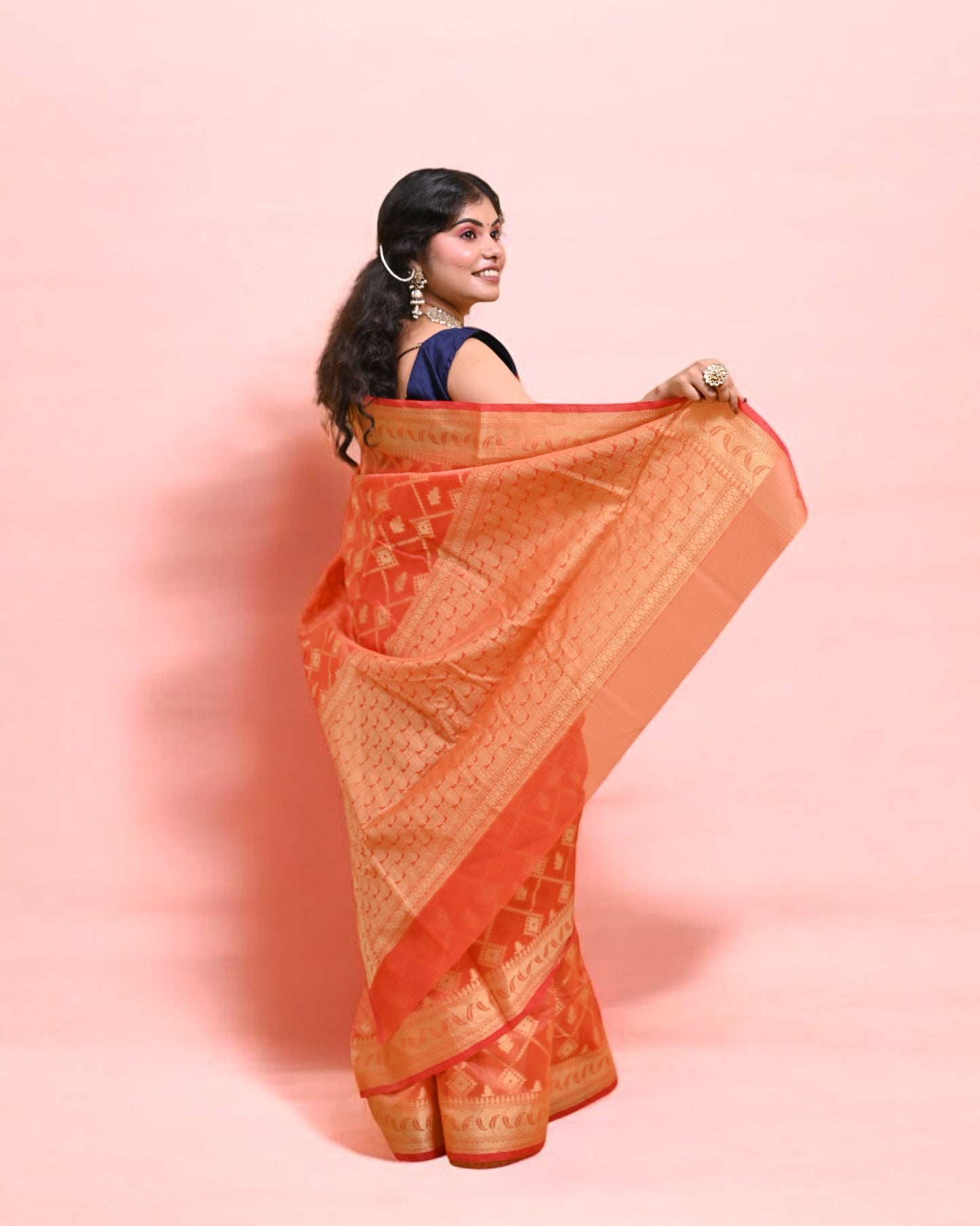 Orange Banarasi Silk Saree with Gold Zari