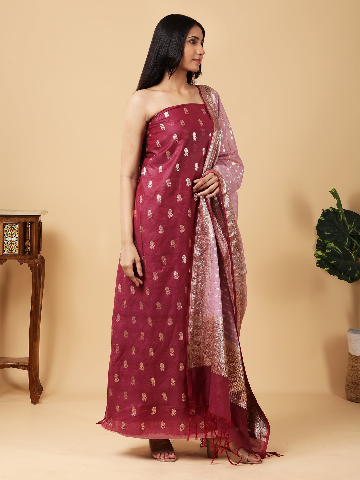Pure Banarasi Silk Suit with Contrast Dupatta and Gold Zari Work0