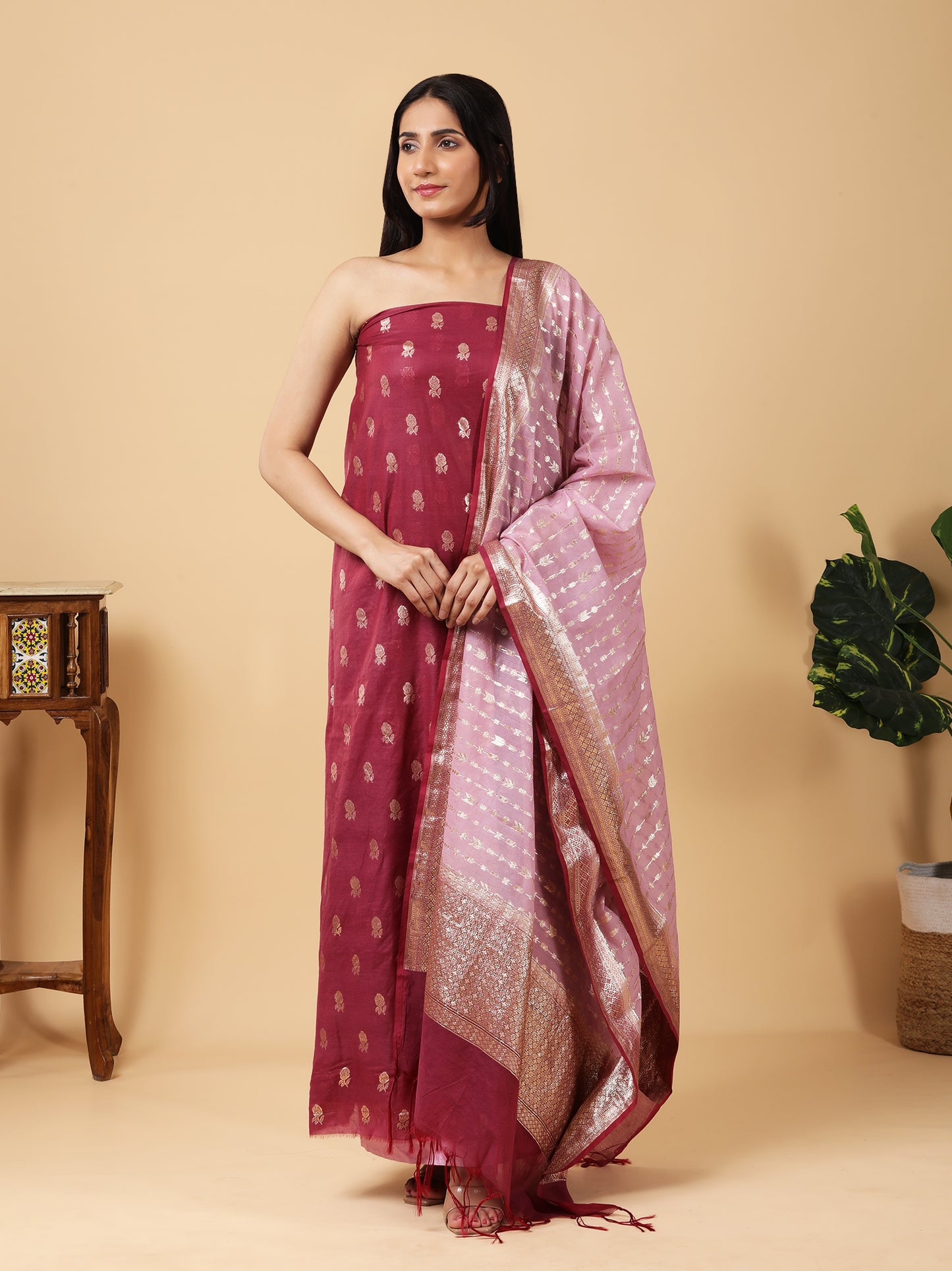 Pure Banarasi Silk Suit with Contrast Dupatta and Gold Zari Work1.