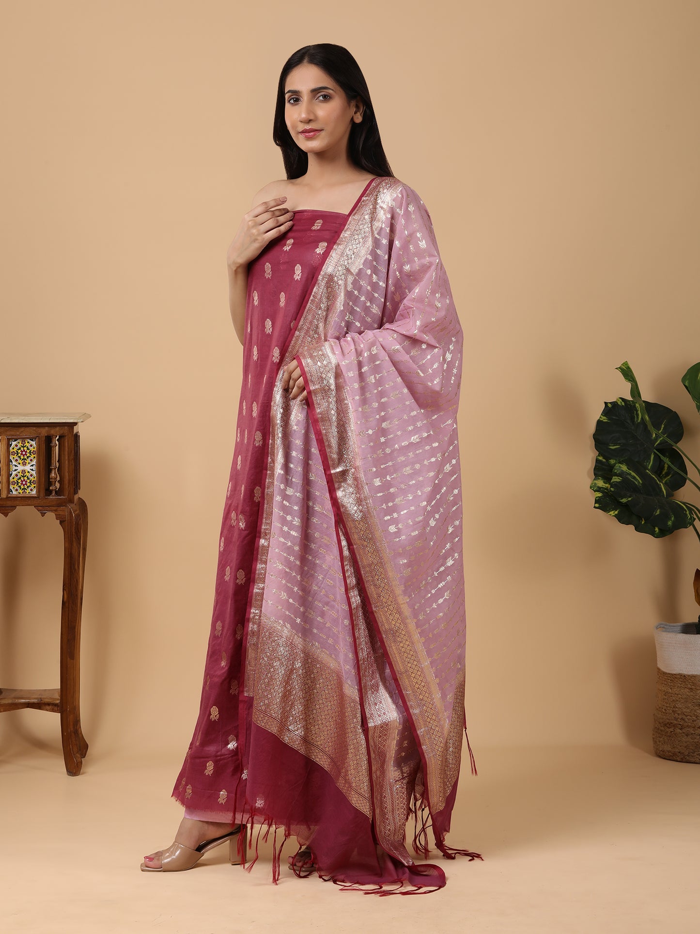 Pure Banarasi Silk Suit with Contrast Dupatta and Gold Zari Work11