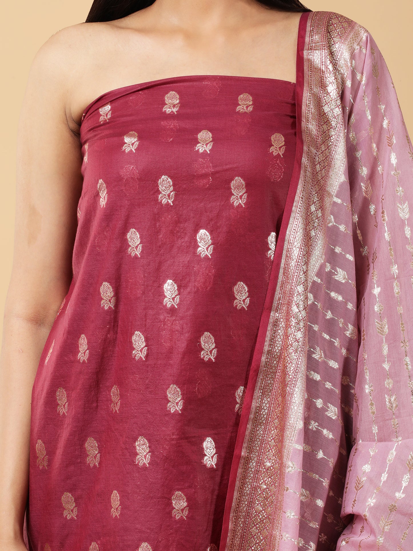 Pure Banarasi Silk Suit with Contrast Dupatta and Gold Zari Work12