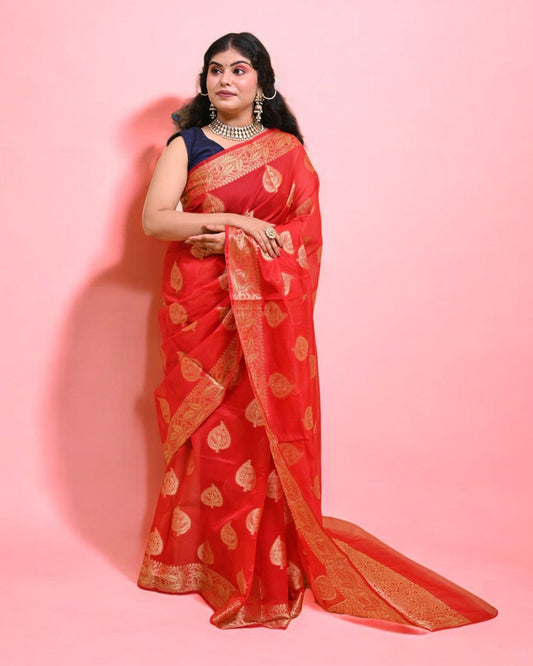 Bright Red Banarasi Silk Saree