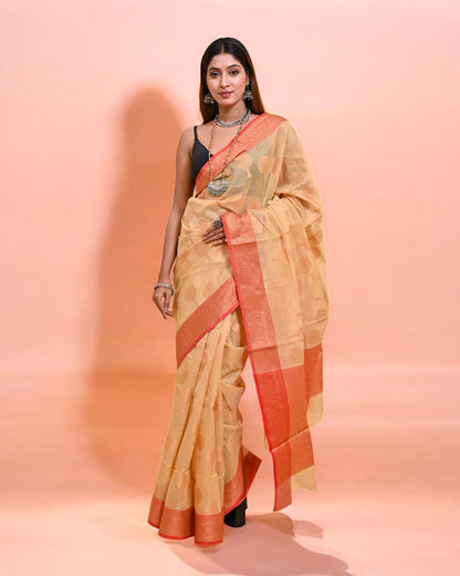 Elegant Beige Banarasi Silk Saree