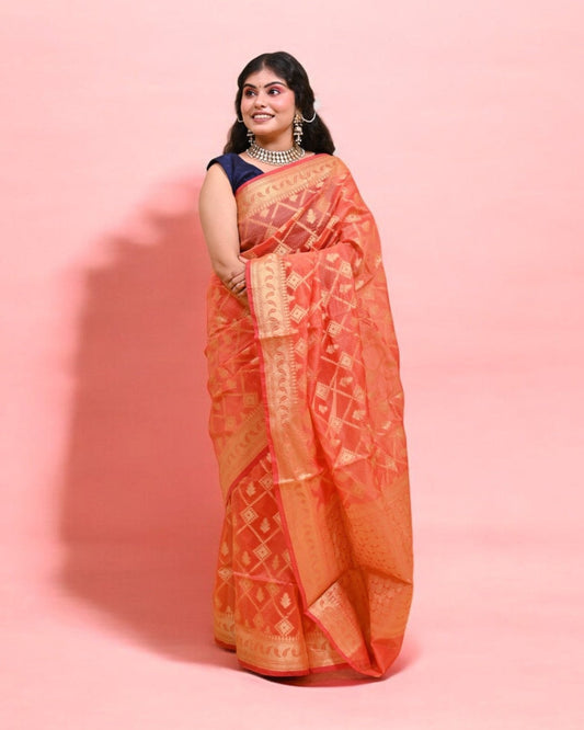 Orange Banarasi Silk Saree with Gold Zari