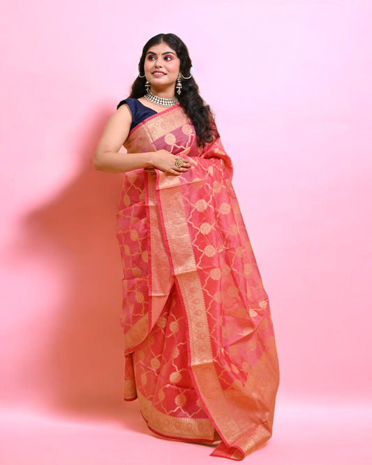Pink Banarasi Silk Saree with Gold Floral Zari