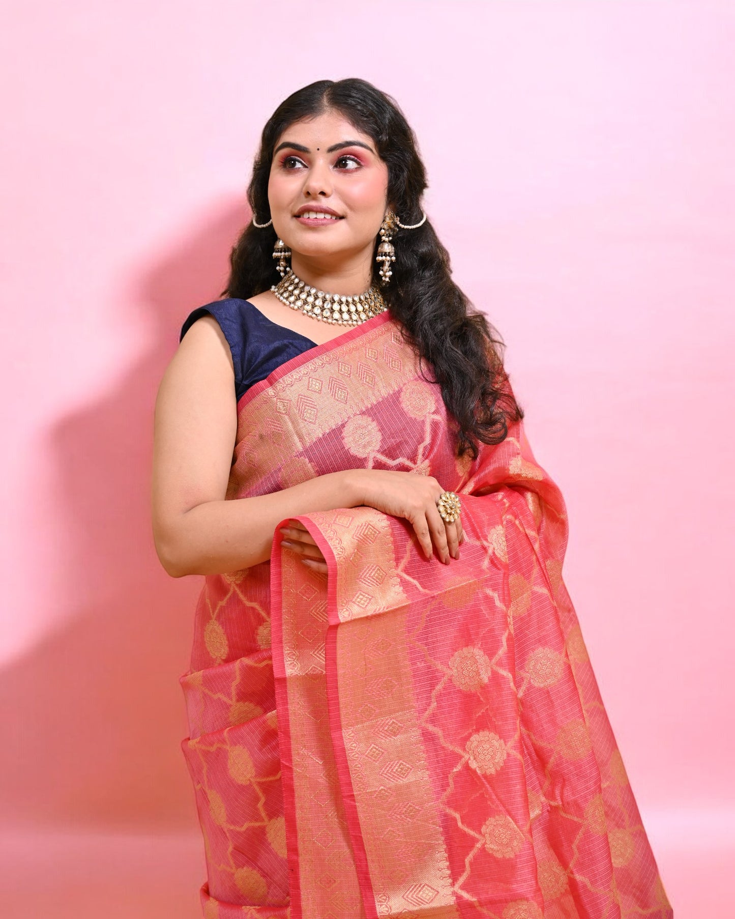 Pink Banarasi Silk Saree with Gold Floral Zari
