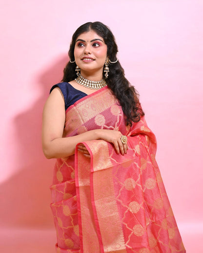 Pink Banarasi Silk Saree with Gold Floral Zari