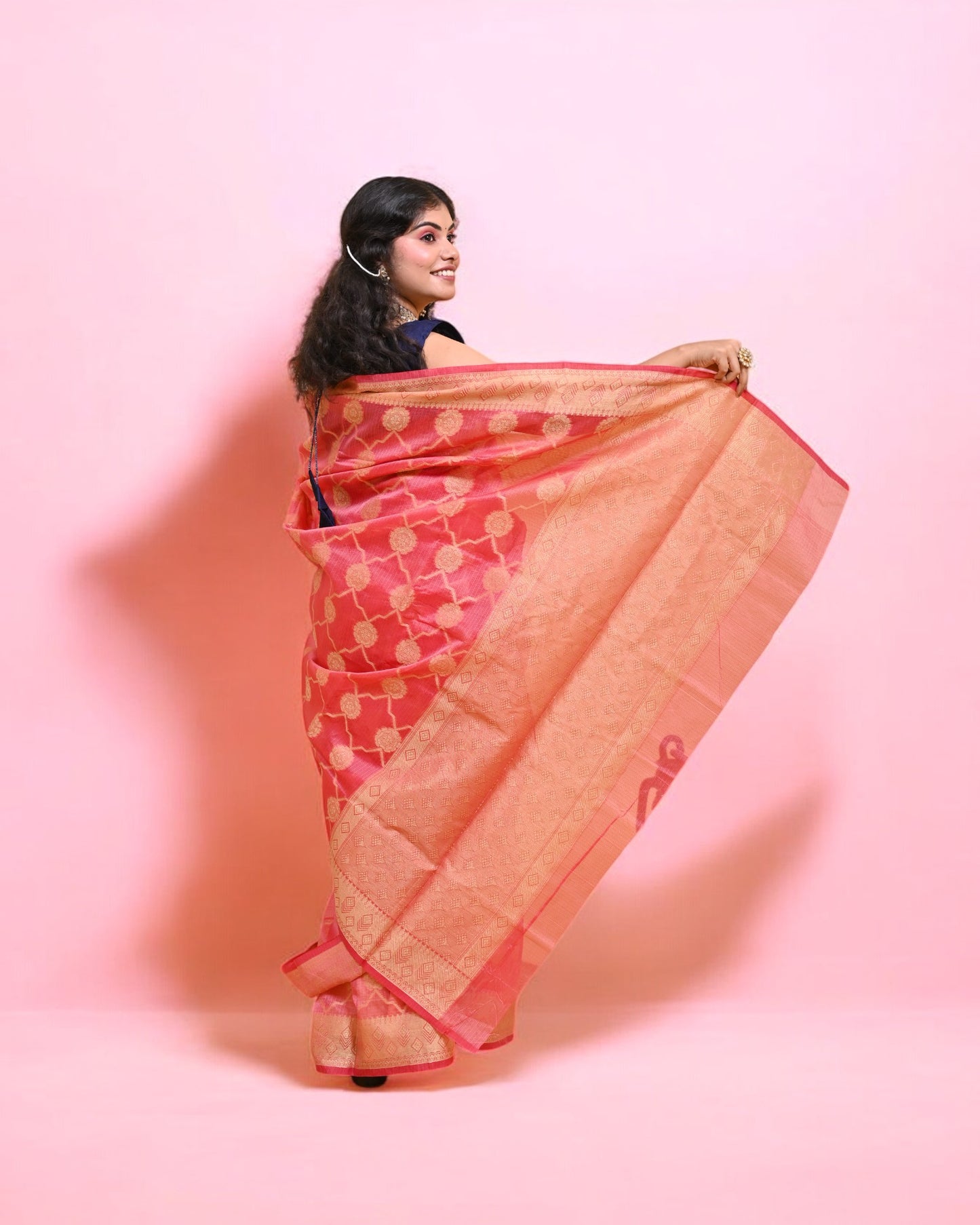 Pink Banarasi Silk Saree with Gold Floral Zari