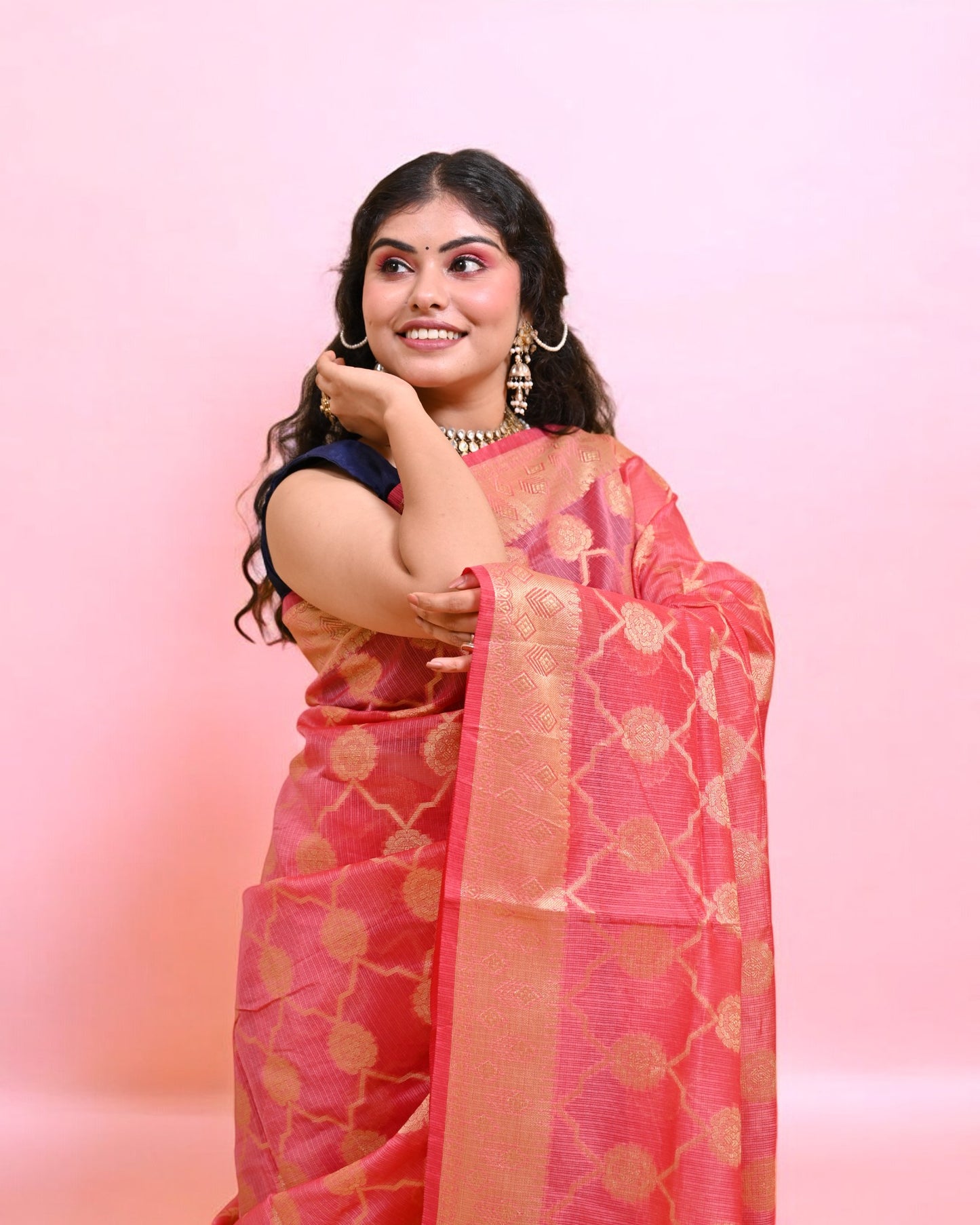 Pink Banarasi Silk Saree with Gold Floral Zari