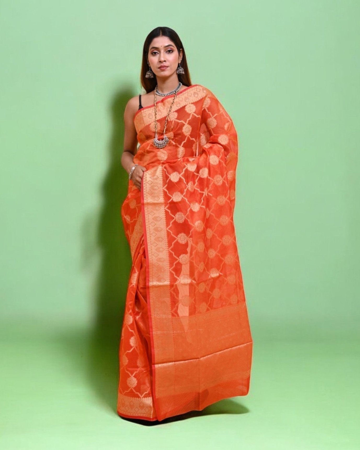 Orange Banarasi Silk Saree with Gold Floral Zari