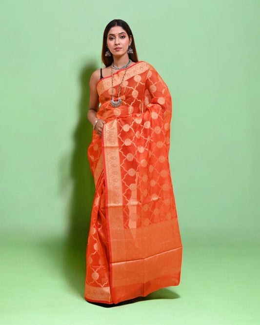Orange Banarasi Silk Saree with Gold Floral Zari