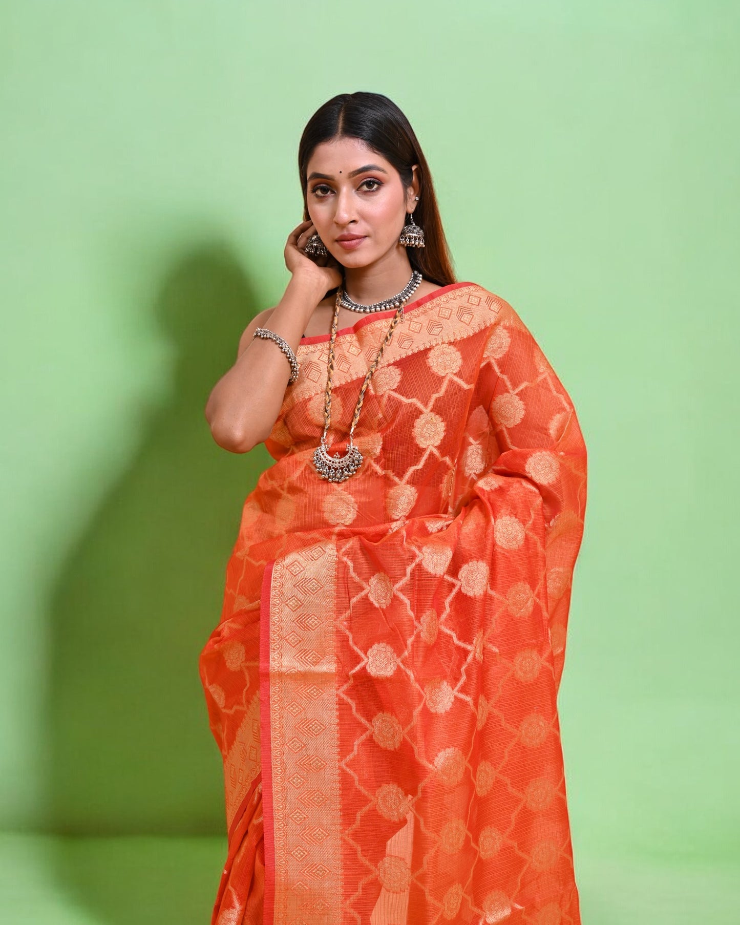 Orange Banarasi Silk Saree with Gold Floral Zari