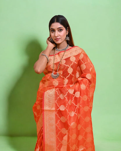 Orange Banarasi Silk Saree with Gold Floral Zari