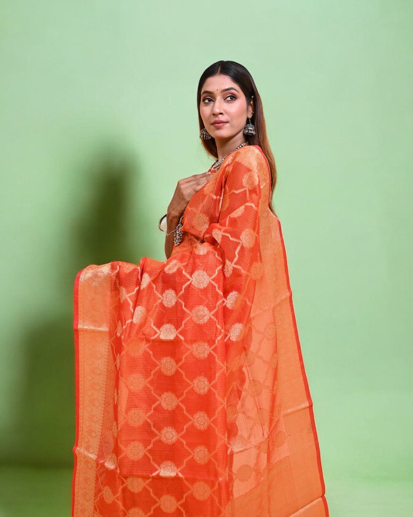 Orange Banarasi Silk Saree with Gold Floral Zari