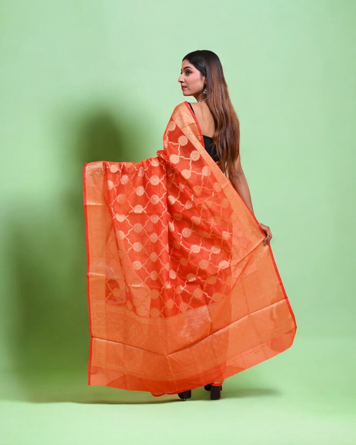 Orange Banarasi Silk Saree with Gold Floral Zari