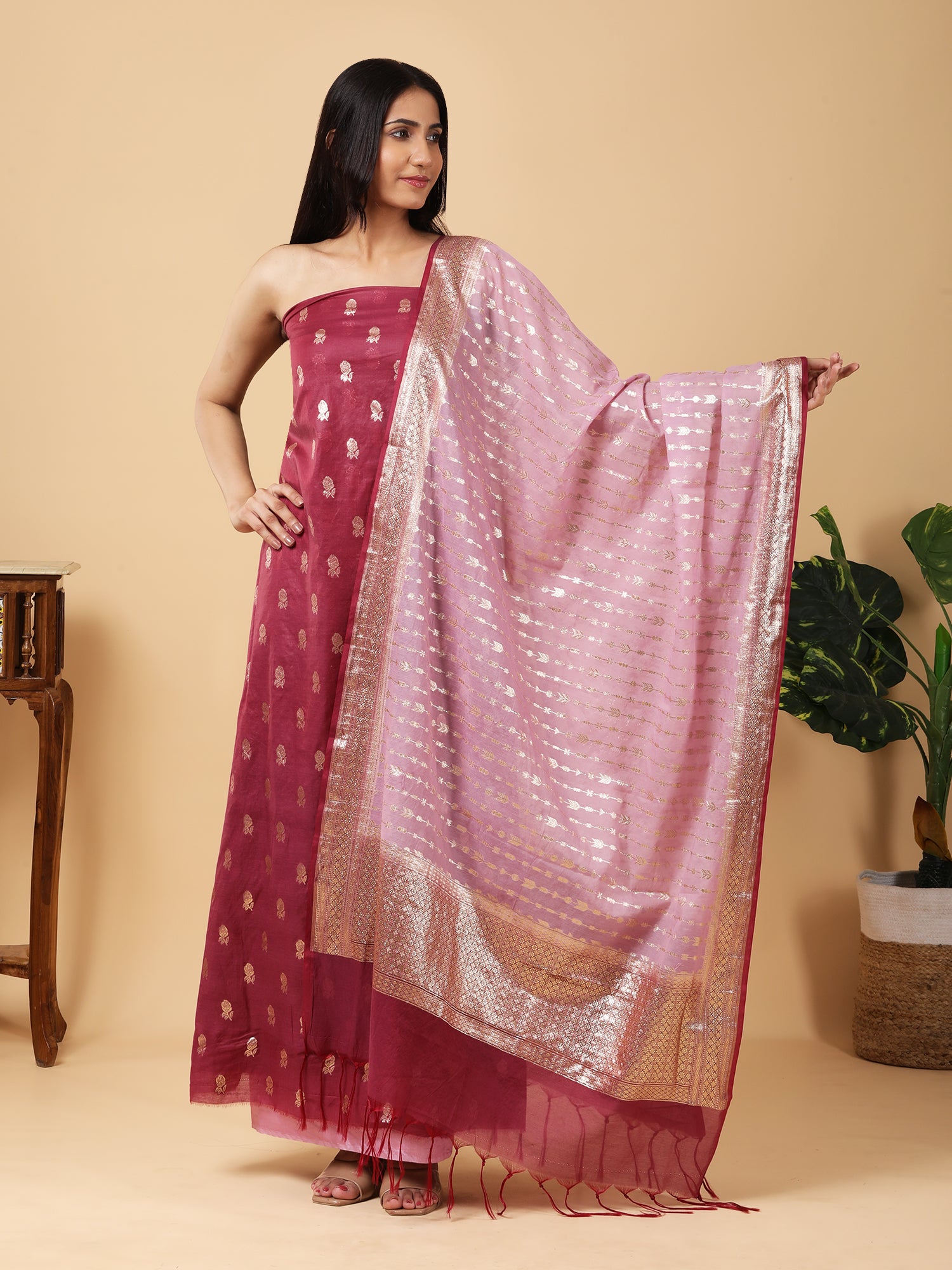 Pure Banarasi Silk Suit with Contrast Dupatta and Gold Zari Work8