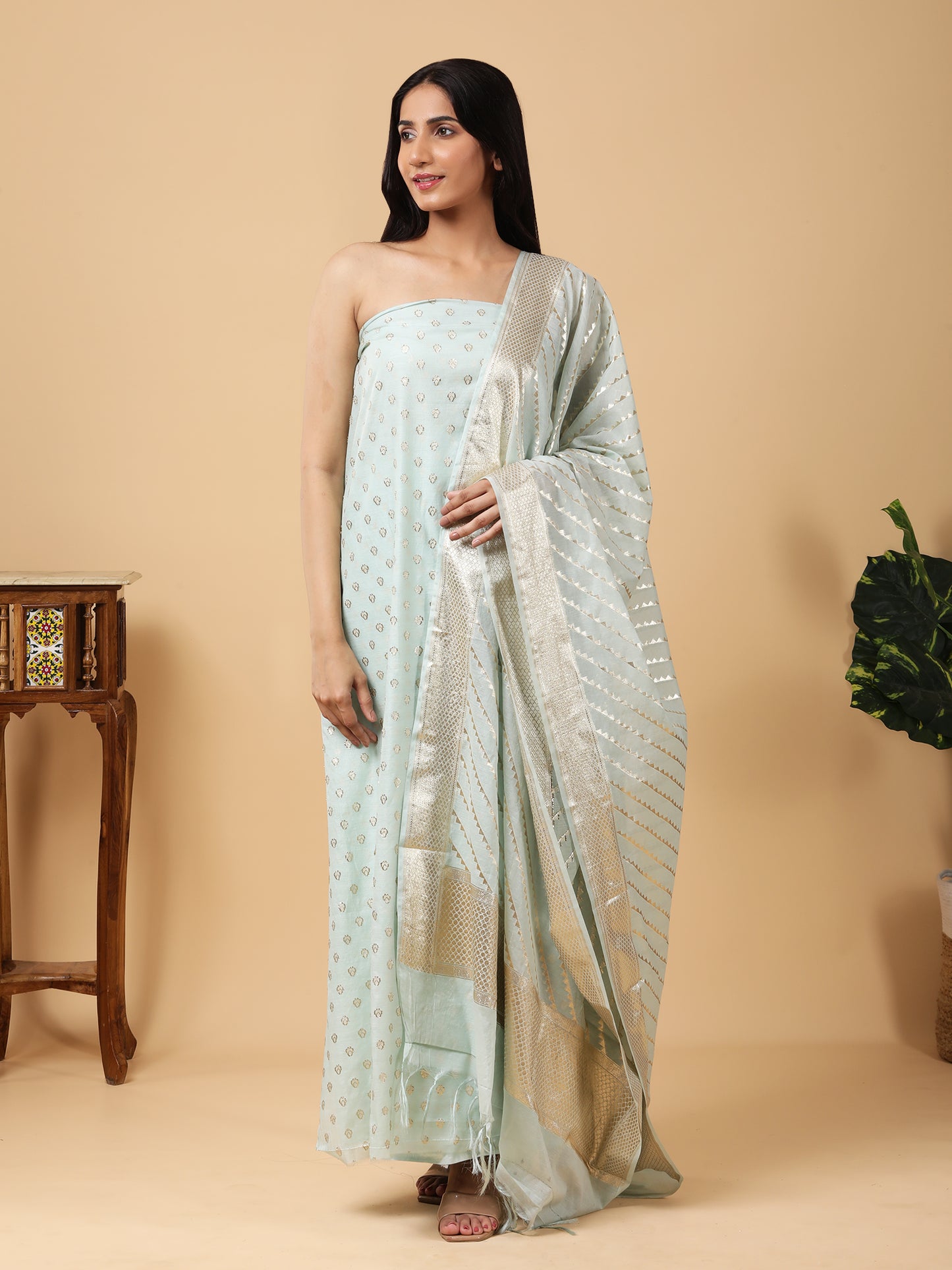 Pure Banarasi Silk Suit with Pastel Blue Zari Detailing