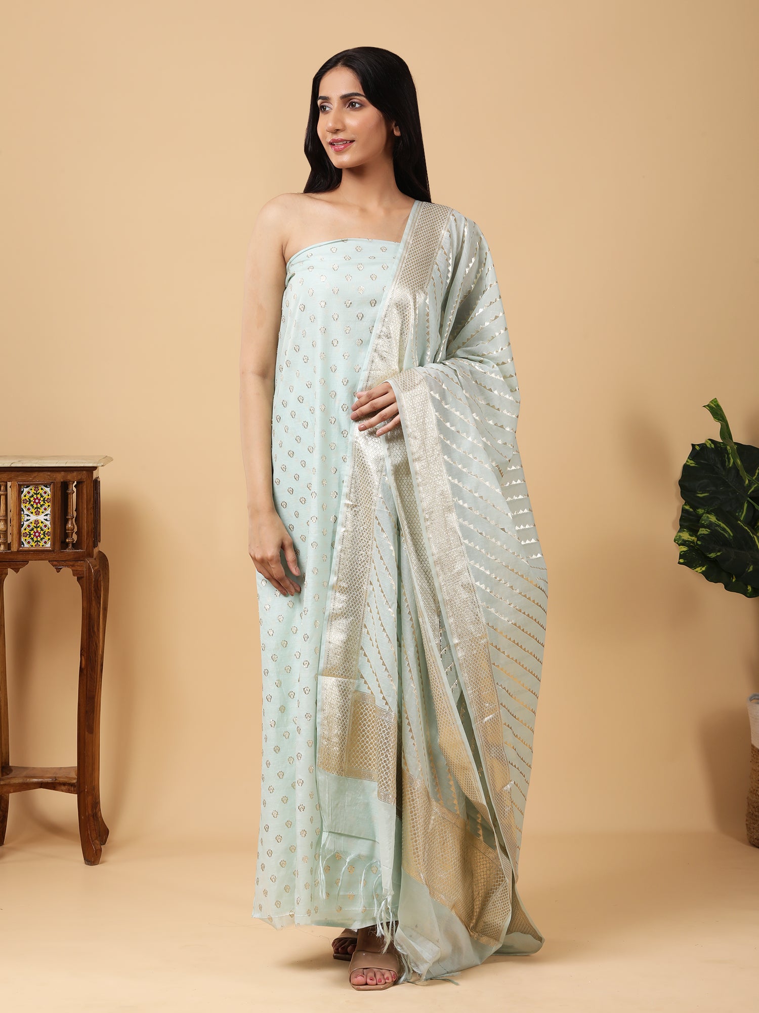 Pure Banarasi Silk Suit with Pastel Blue Zari Detailing