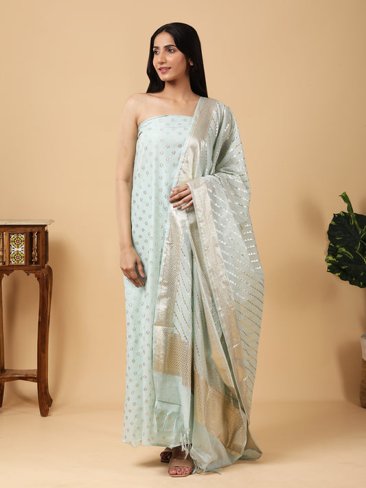Pure Banarasi Silk Suit with Pastel Blue Zari Detailing