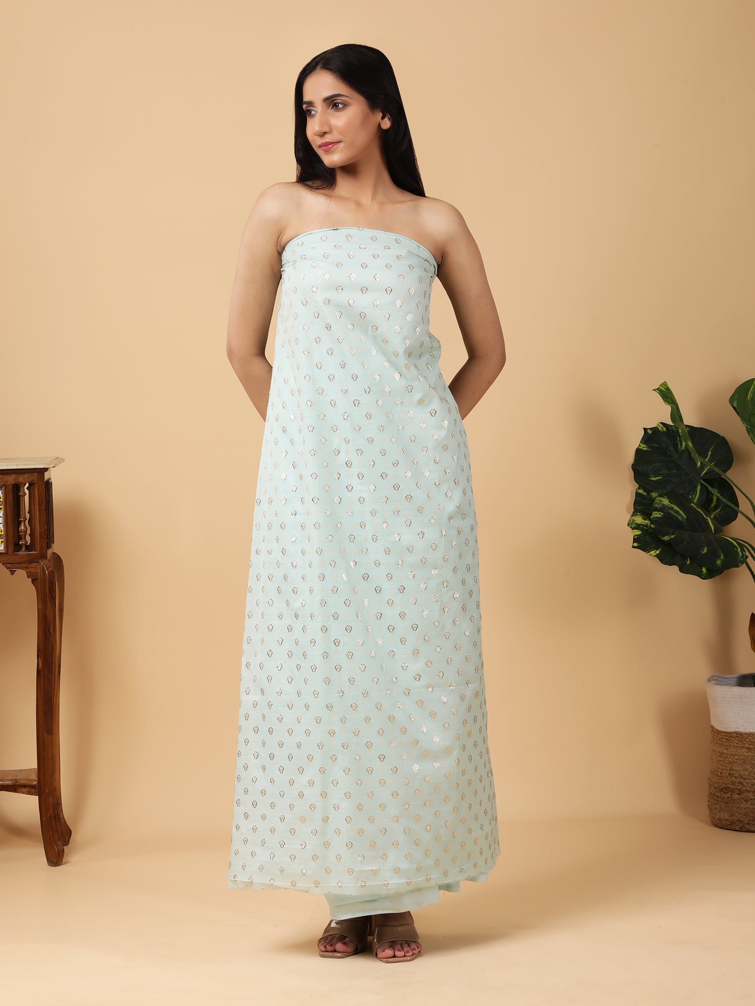 Pure Banarasi Silk Suit with Pastel Blue Zari Detailing1