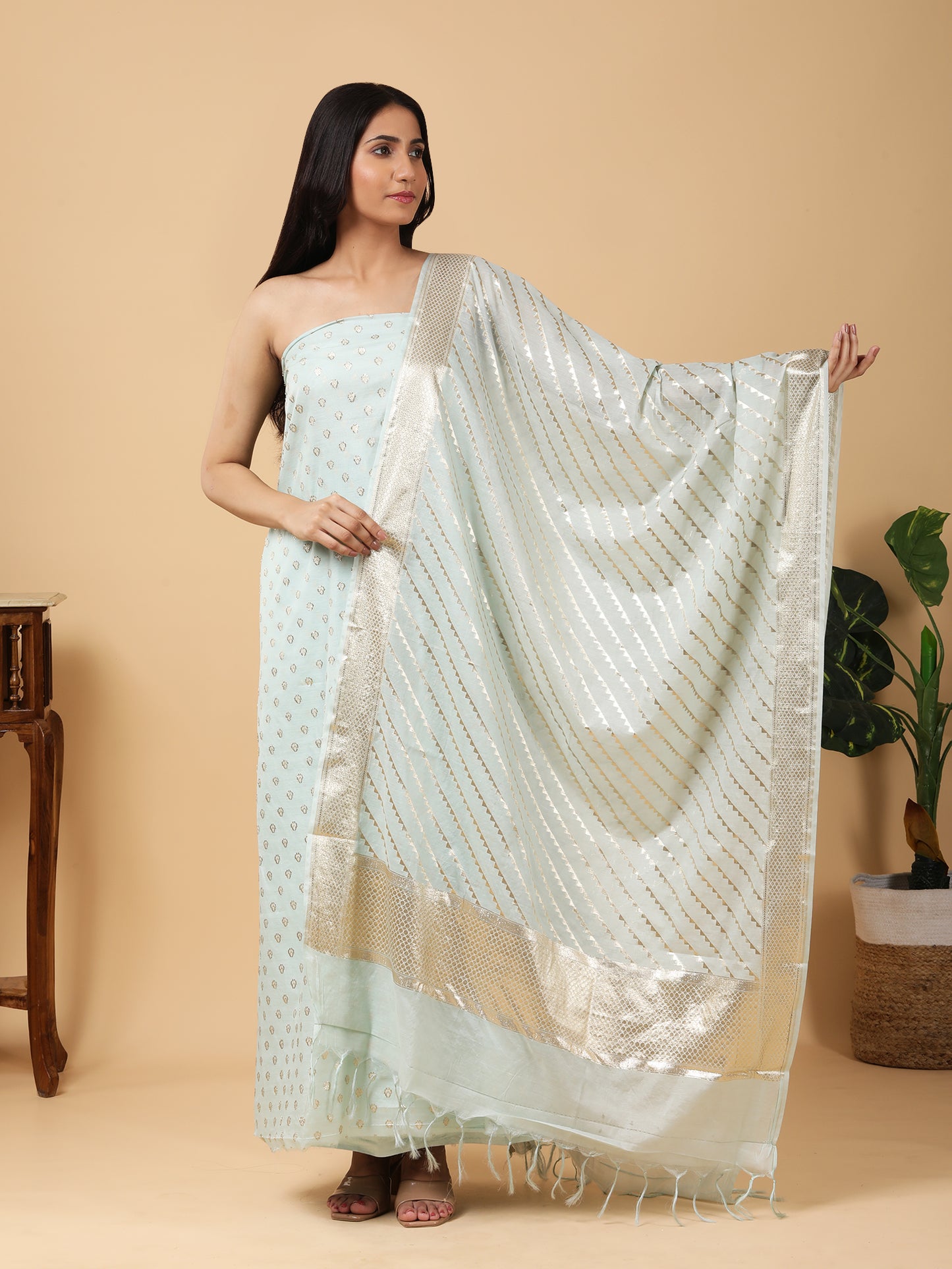 Pure Banarasi Silk Suit with Pastel Blue Zari Detailing3