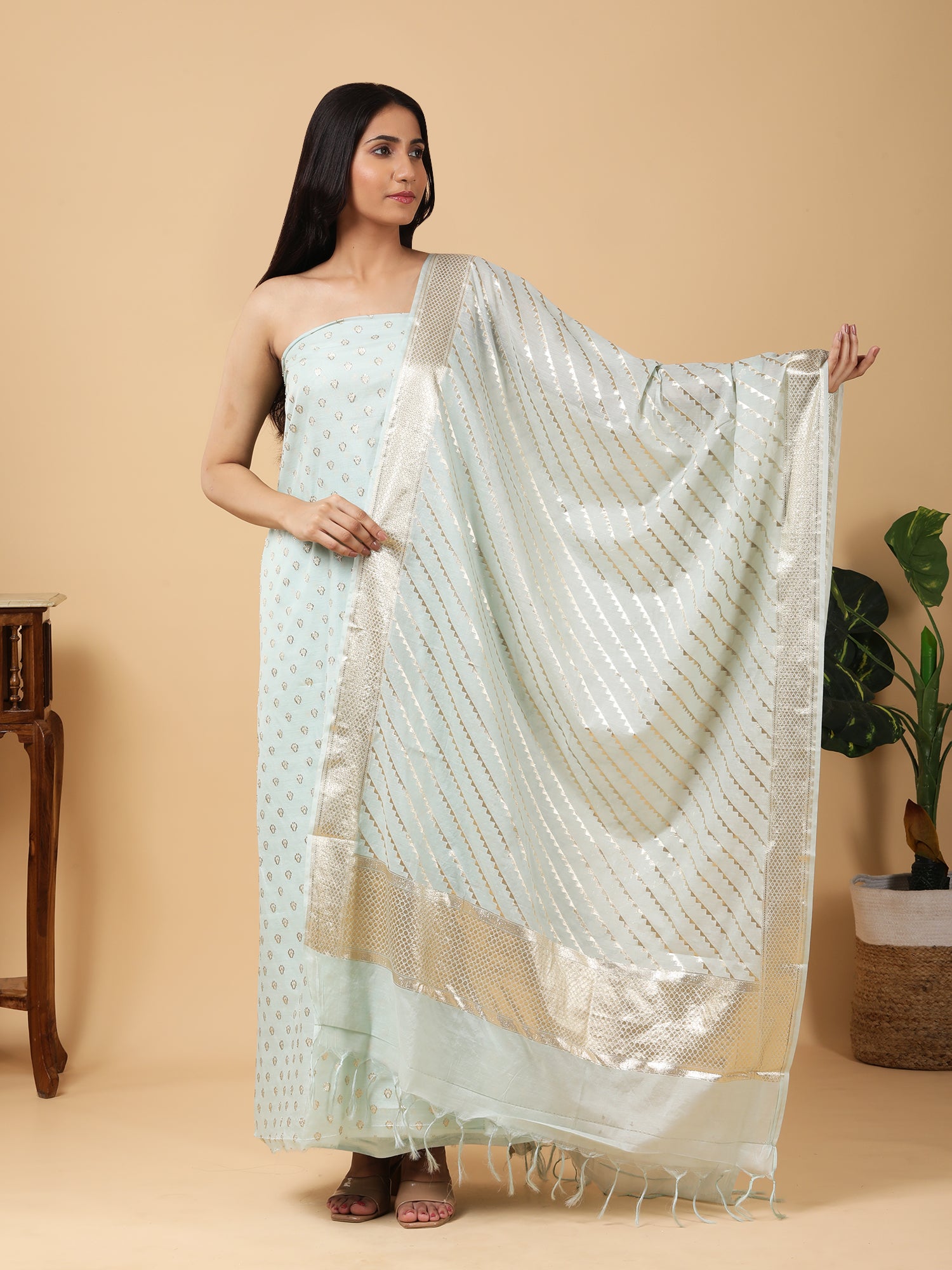 Pure Banarasi Silk Suit with Pastel Blue Zari Detailing3