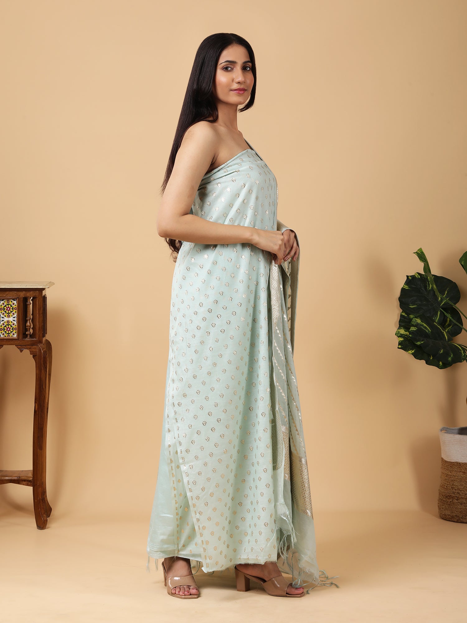 Pure Banarasi Silk Suit with Pastel Blue Zari Detailing4