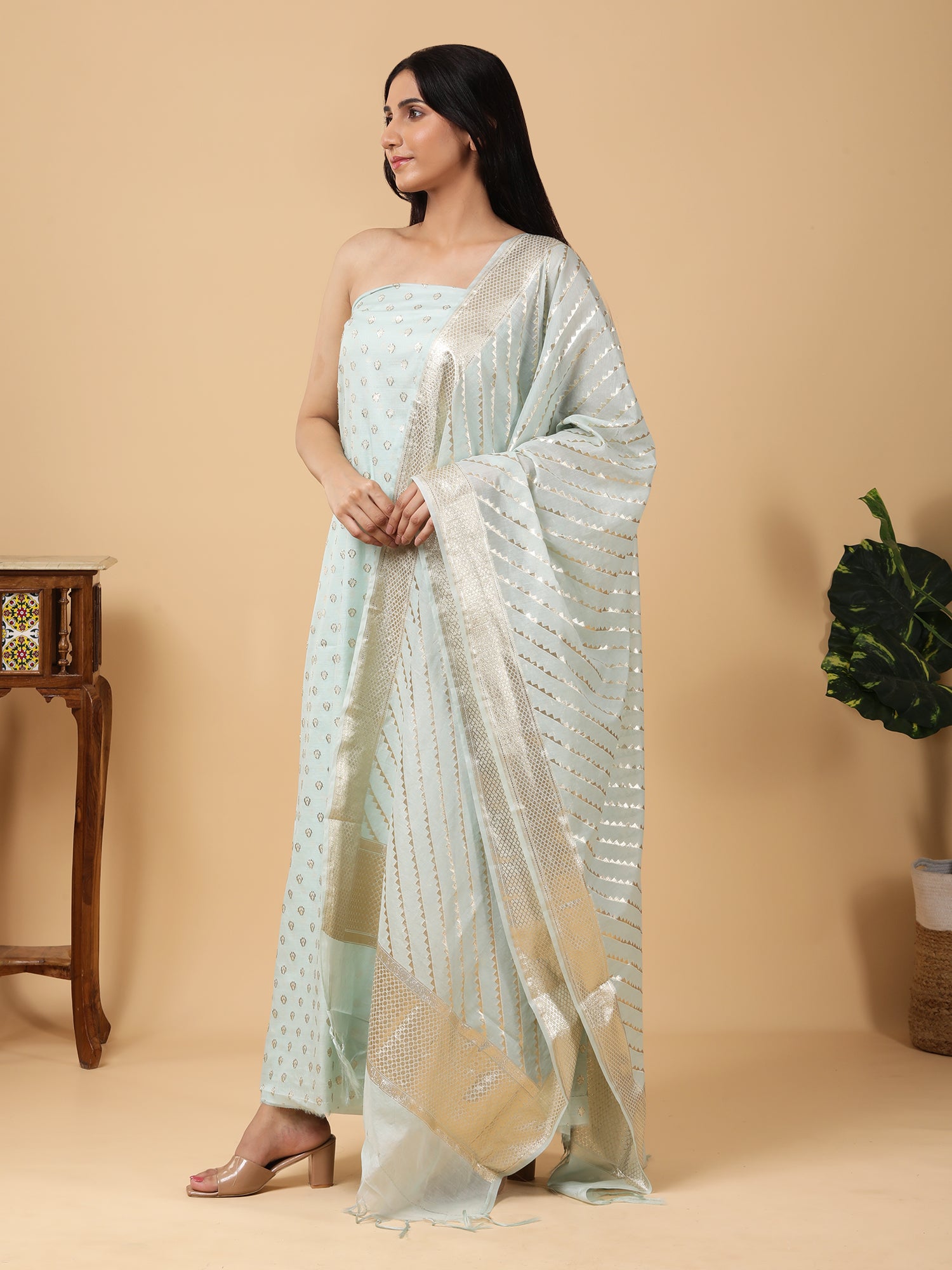 Pure Banarasi Silk Suit with Pastel Blue Zari Detailing5
