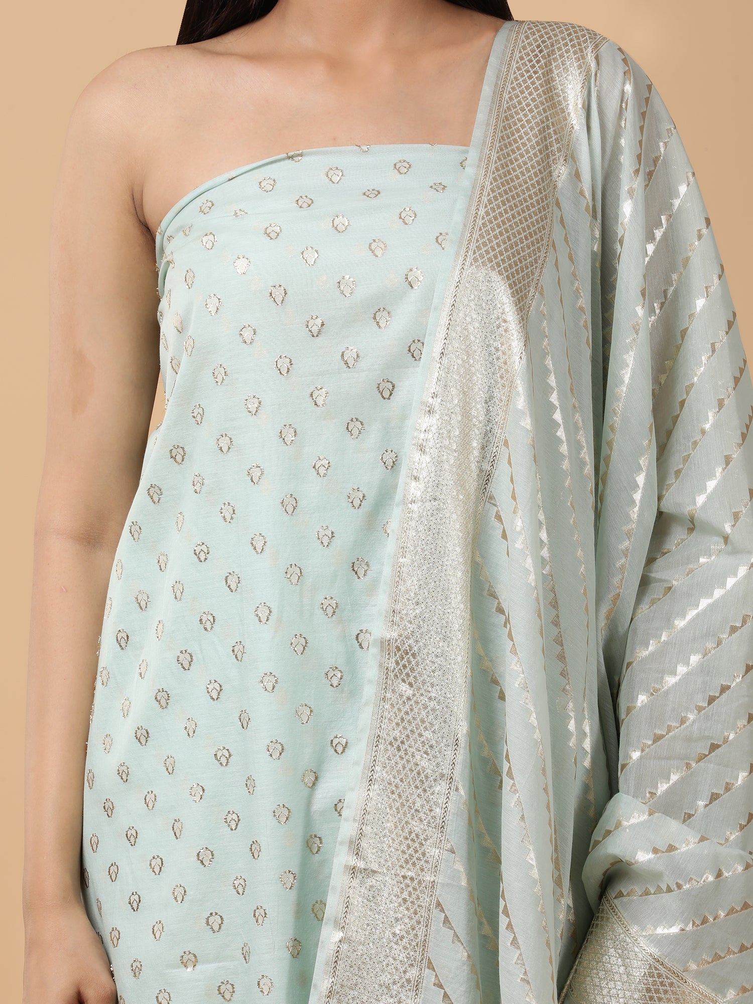 Pure Banarasi Silk Suit with Pastel Blue Zari Detailing7