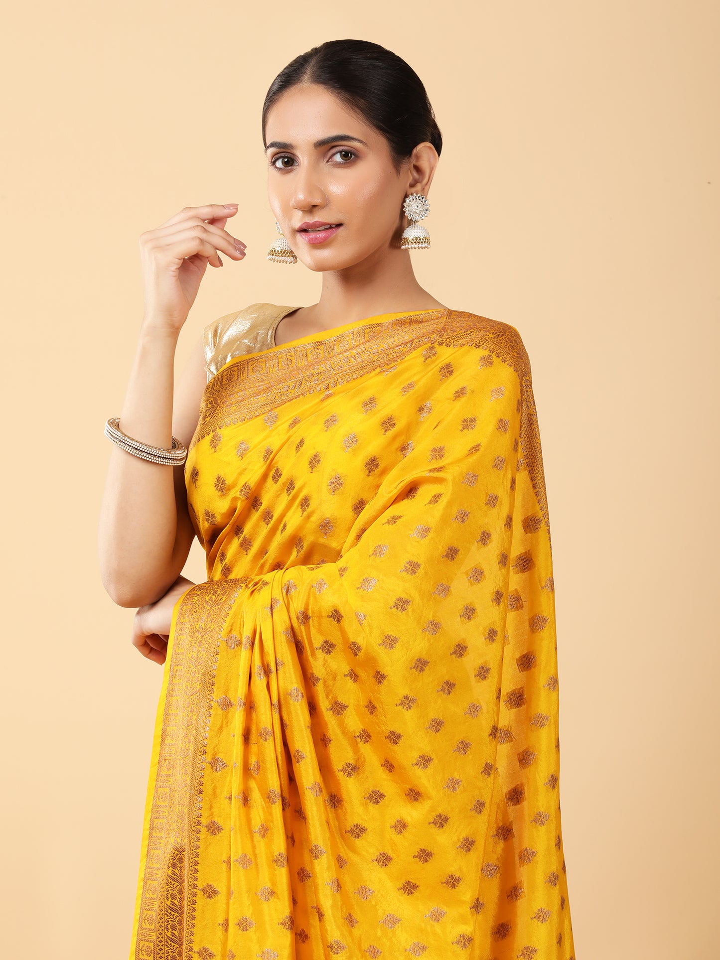 Soft Silk Saree with Rudraksha Zari Work close.