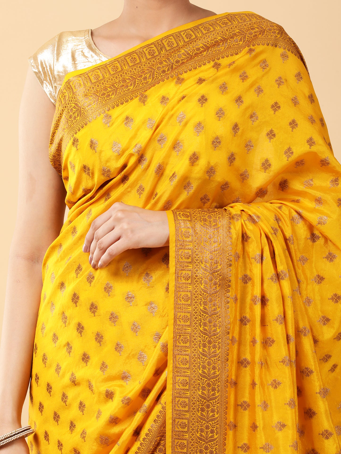 Soft Silk Saree with Rudraksha Zari Work shot close up .